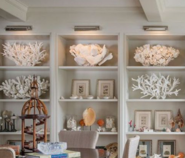 Rak Buku dengan Hiasan Kerang dan Koral